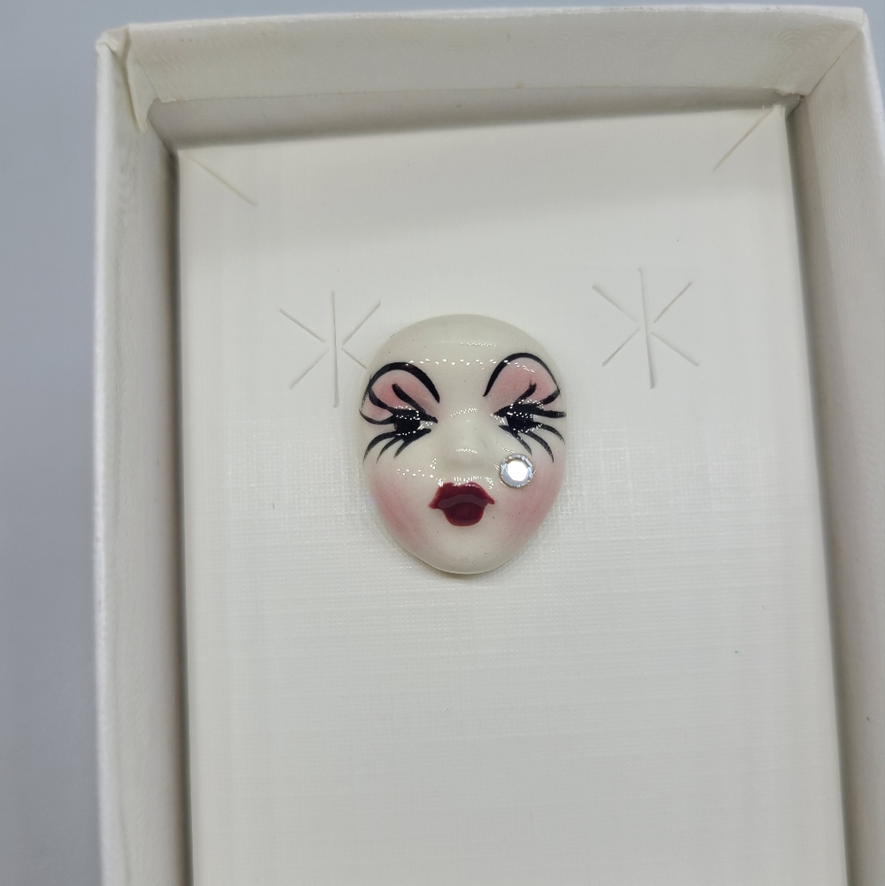 Vintage Fancy Faces Brooch Pin Handpainted Porcelain Mask with Rhinestone